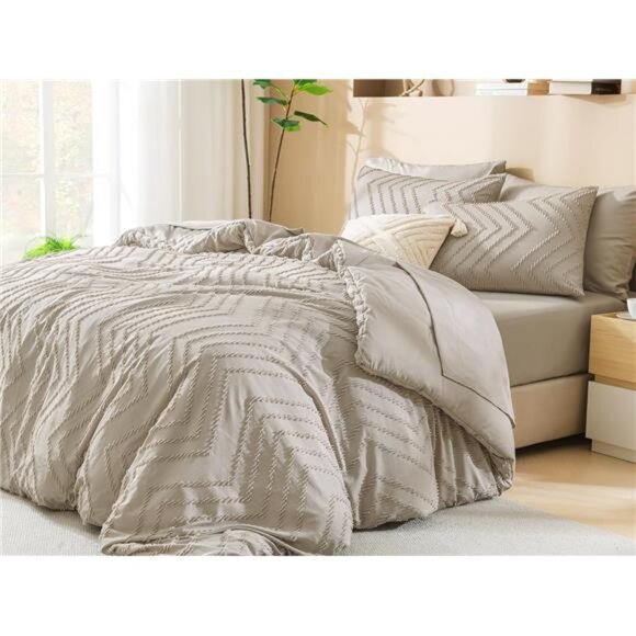 King Size Comforter Set with Sheets Beige-7 Pieces Bed in a Bag King Tufted Boho - Picture 3 of 8